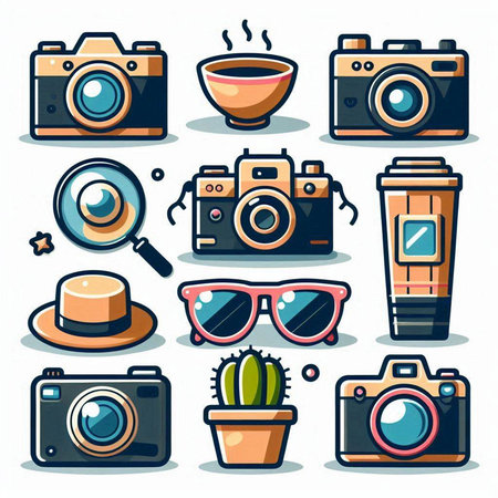 Set of photo camera icons in flat design style. Vector illustration.のイラスト素材