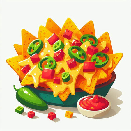 Mexican nachos with salsa, guacamole and chili pepper. Vector illustrationのイラスト素材