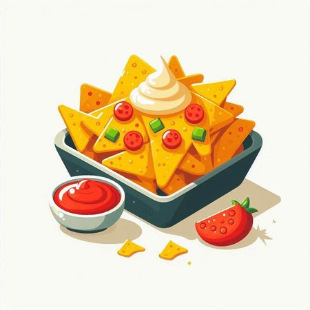 Mexican nachos with tomato sauce and cheese. Vector illustration.のイラスト素材