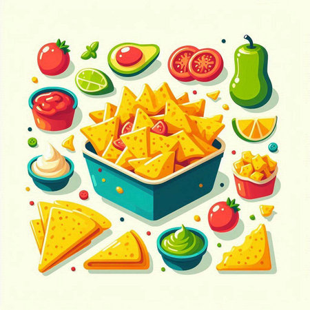 Mexican food. Nachos and ingredients. Vector illustration.のイラスト素材
