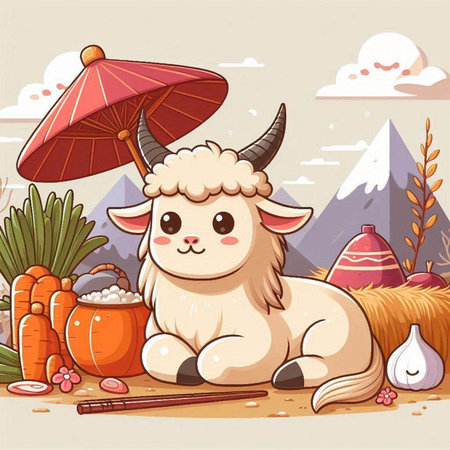 Illustration of Cute Sheep in the Countryside with Umbrellaのイラスト素材