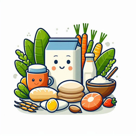 Cute cartoon dairy products. Milk, eggs, cereals, fruits, vegetables and other food. Vector illustration.のイラスト素材