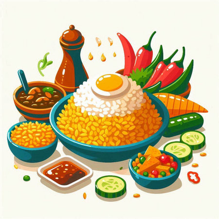 Illustration of a set of dishes with rice, vegetables, meat and spicesのイラスト素材
