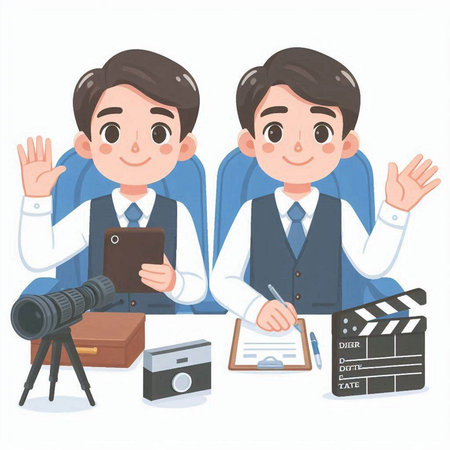 Cinema director and cameraman with camera and tablet. Vector illustration.のイラスト素材
