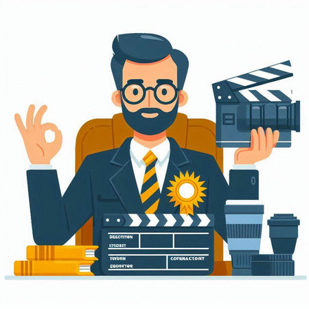 Cinema director with movie clapper and camera. Vector illustrationのイラスト素材