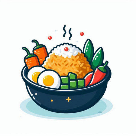 Illustration of rice in bowl with vegetables and eggs. Vector illustration.のイラスト素材