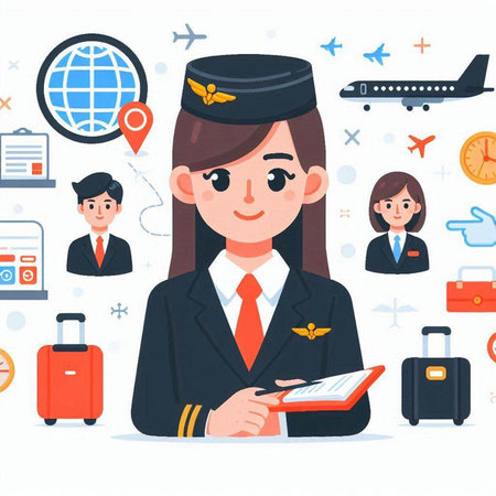 Stewardess in uniform with documents in hands. Vector illustration.のイラスト素材
