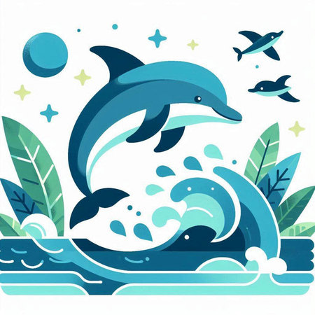 Dolphin jumping out of the water. Vector illustration in flat style.のイラスト素材