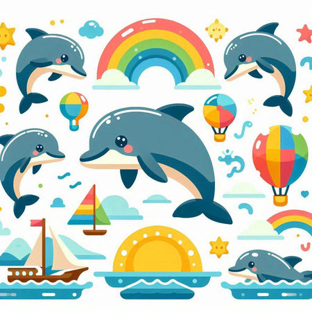 Seamless pattern with cute dolphins. Vector illustration in cartoon style.のイラスト素材