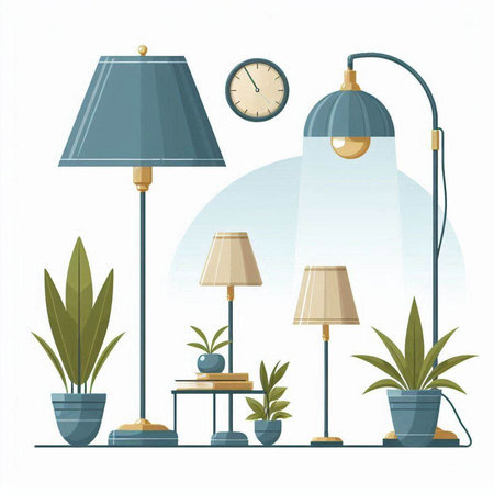 Illustration of home interior with lamps and plants. Flat style.のイラスト素材