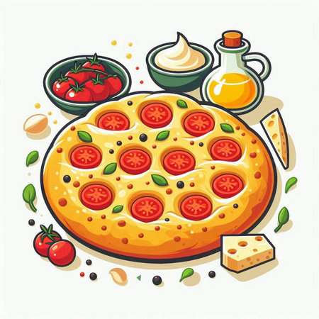 Illustration of pizza with tomato, mozzarella cheese and olive oilのイラスト素材