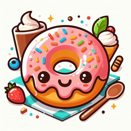 Cartoon donut with ice cream and fruits. Vector illustration.のイラスト素材