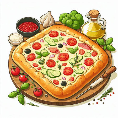 Pizza with mozzarella cheese, tomato, cucumber and olivesのイラスト素材