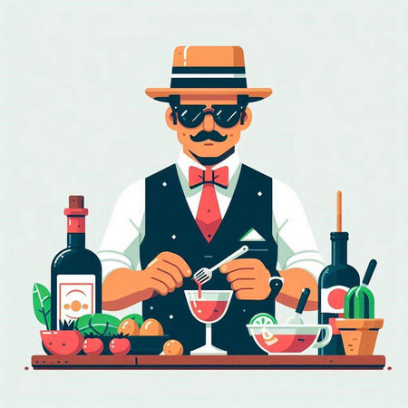 Bartender in a hat and glasses making a cocktail. Vector illustrationのイラスト素材