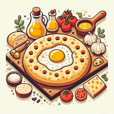 Illustration of a fried egg on a wooden board with vegetables and spicesのイラスト素材