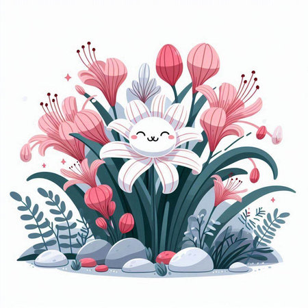 Bouquet of pink lilies on white background. Vector illustration.のイラスト素材