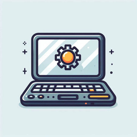 Laptop with gear wheel on screen. Flat style vector illustration.のイラスト素材