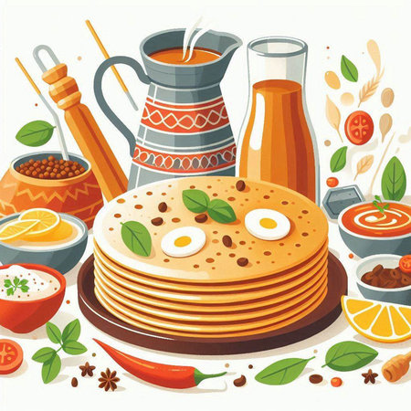 Illustration of a set of crepes with various ingredients for cookingのイラスト素材