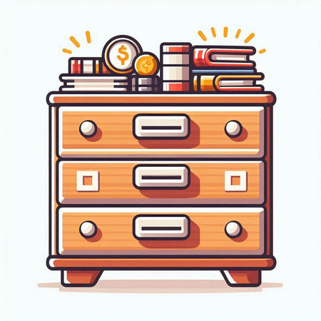 Wooden chest of drawers with books and coins. Vector illustration.のイラスト素材