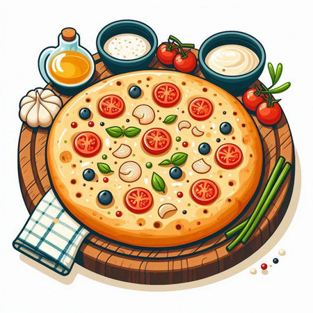 Pizza with olives, tomatoes and mozzarella. Vector illustrationのイラスト素材