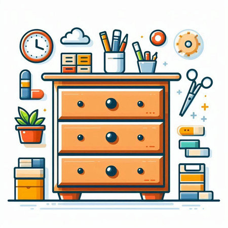 Vector illustration of a cabinet with stationery in flat design style.のイラスト素材