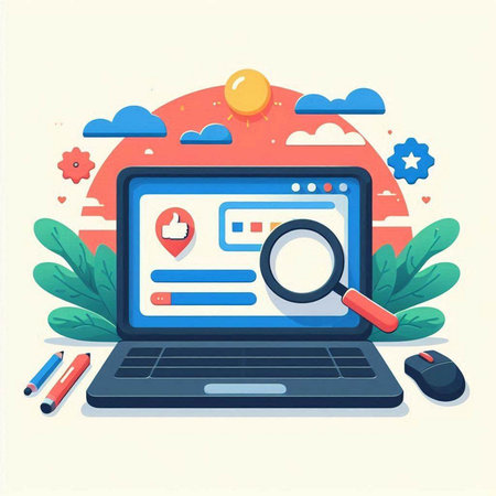 Laptop with search engine optimization concept. Vector illustration in flat styleのイラスト素材