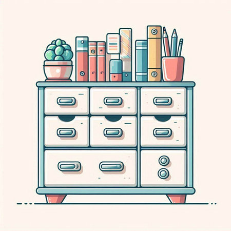 Cabinet with drawers and office supplies. Vector illustration.のイラスト素材