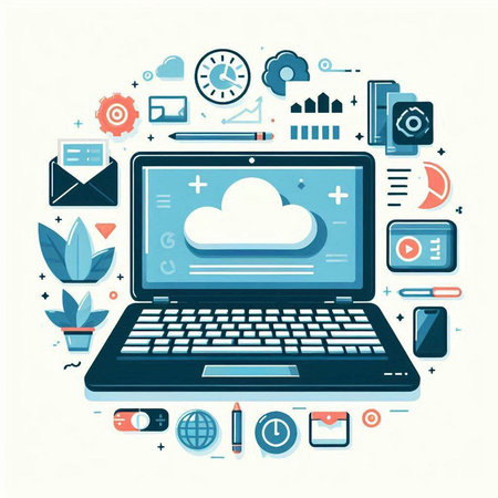 Laptop with cloud computing icons. Modern flat design vector illustration.のイラスト素材