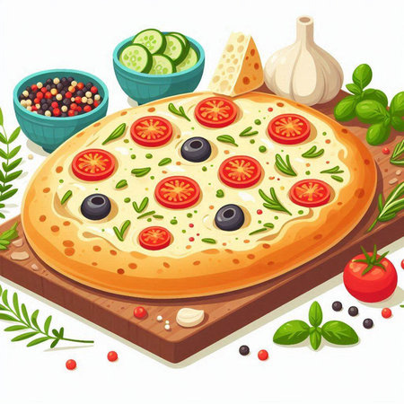 Illustration of a pizza with tomatoes, olives and basil on a white backgroundのイラスト素材