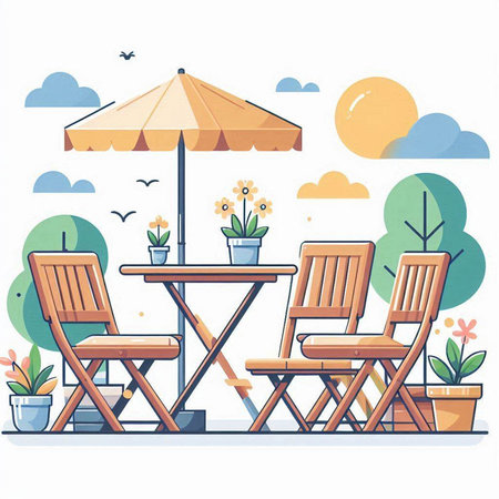 Outdoor terrace with chairs, table and umbrella. Vector illustrationのイラスト素材