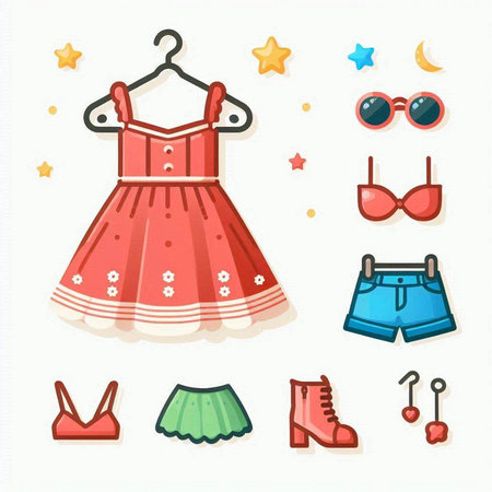 Set of summer clothes and accessories. Vector illustration in flat style.のイラスト素材