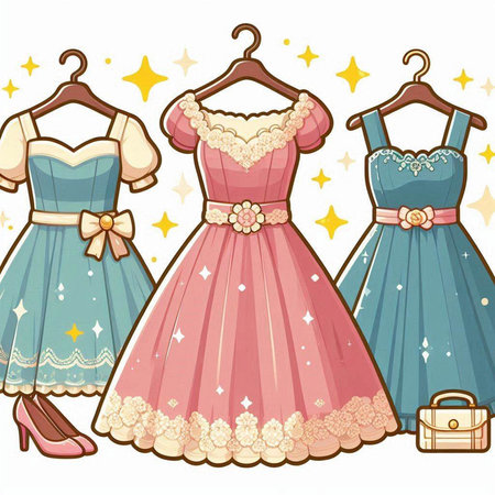 Illustration of three dresses on a hanger with bows and ribbonsのイラスト素材
