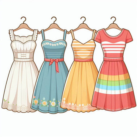 Set of colorful dresses on hangers isolated on white background. Vector illustration.のイラスト素材