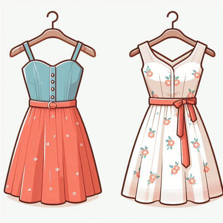 Illustration of two dresses with floral pattern on a white background.のイラスト素材