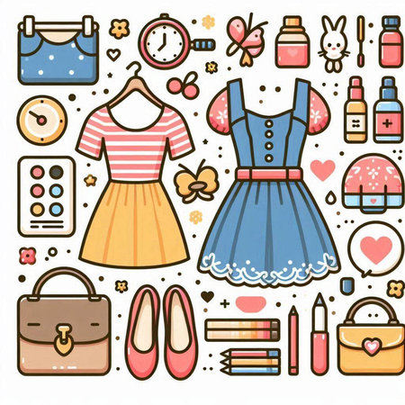 Vector set of female clothes and accessories. Hand drawn fashion illustration.のイラスト素材