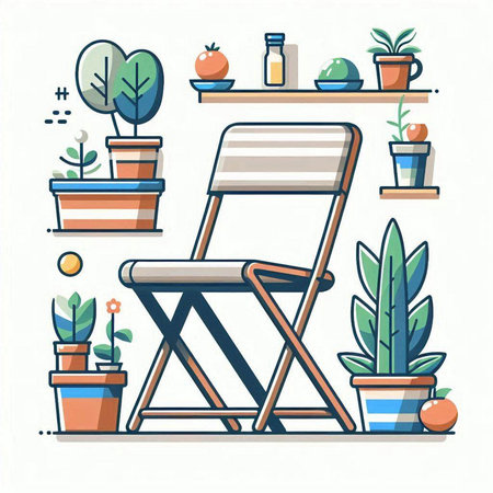 Vector illustration of chair with plants in pots. Flat line art design.のイラスト素材