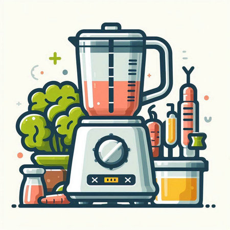 Illustration of a blender with ingredients in a flat style on white background.のイラスト素材