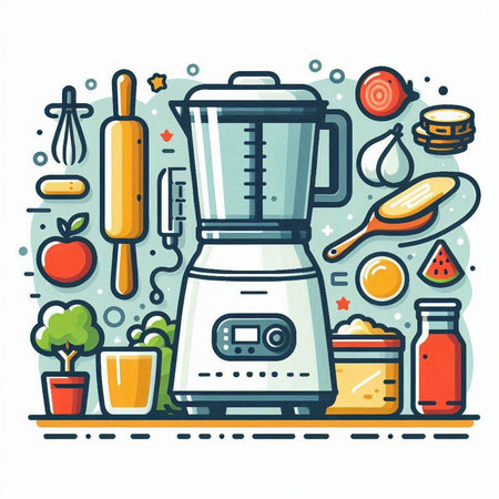 Kitchen appliances and kitchen utensils. Vector illustration in line style.のイラスト素材