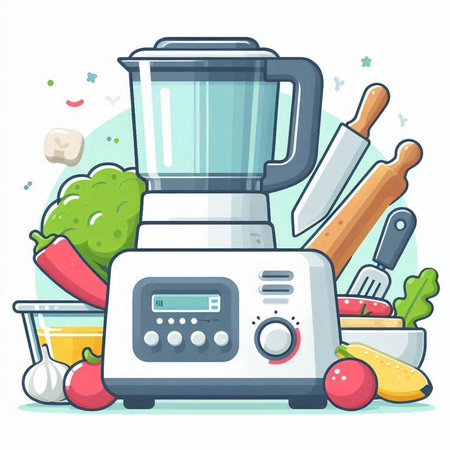 Vector illustration of a blender with ingredients for making smoothies. Kitchen equipment.のイラスト素材
