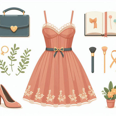 Women's clothing and accessories set. Vector illustration in cartoon style.のイラスト素材