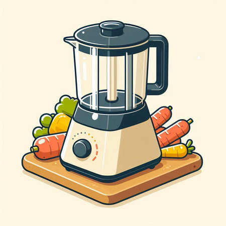 Illustration of a blender with fresh carrots on a cutting board.のイラスト素材