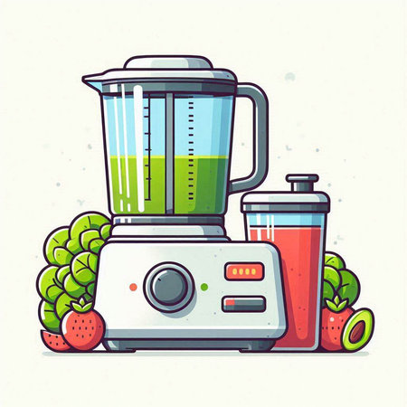 Vector illustration of a blender with fruits and vegetables on a white background.のイラスト素材