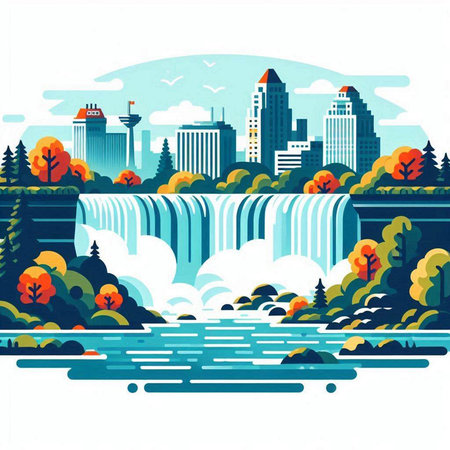 Autumn landscape with a waterfall and the city. Vector illustration.のイラスト素材