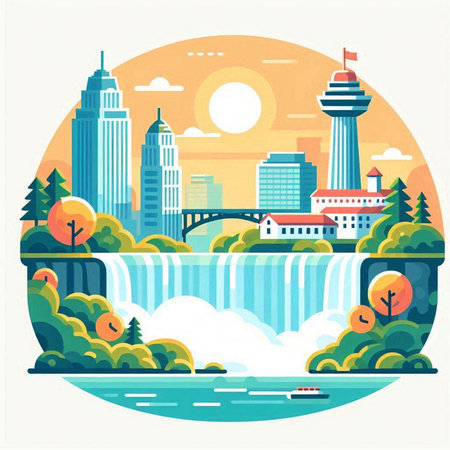 Landscape of the city and the river. Flat style vector illustration.のイラスト素材