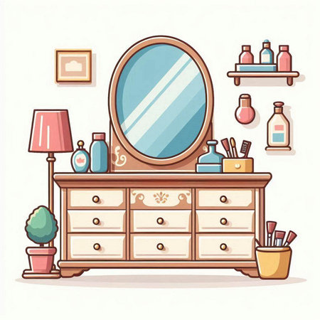 Dressing table with mirror. Vector illustration in flat cartoon style.のイラスト素材