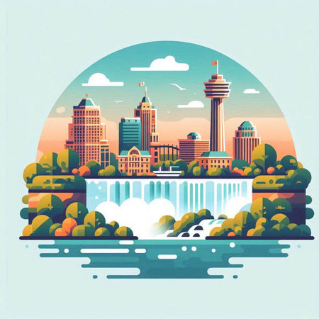 Vector illustration of a city landscape in flat style with buildings and river.のイラスト素材