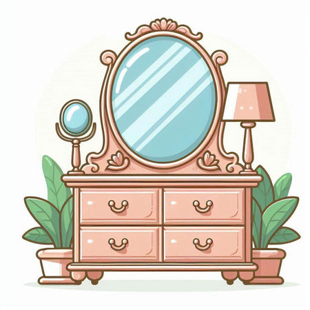 Vector illustration of a dressing table with a mirror and a lamp.のイラスト素材