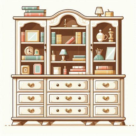 Vector illustration of a vintage cupboard with books, furniture and accessoriesのイラスト素材