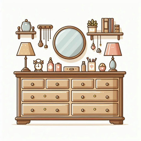 Vector illustration of a chest of drawers with furniture and accessories.のイラスト素材
