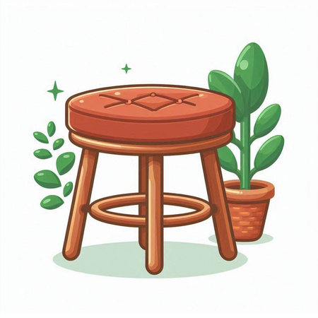 Illustration of a wooden stool with a plant on a white backgroundのイラスト素材